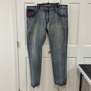 Vintage‎ Pepe Jeans London Embroidered Jeans – Size 42 – Rare Red Stitching